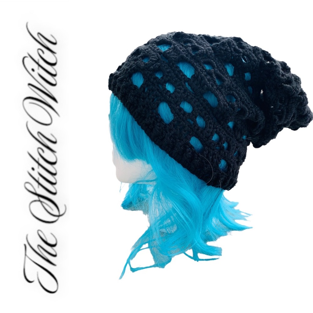 HAND CROCHETED Skull Motif Slouch Beanie Black